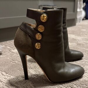 Jimmy Choo Dark Olive Heeled Boots with Gold Buttons